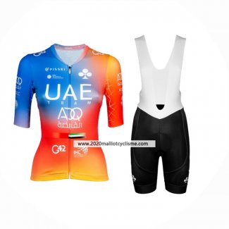 2024 Maillot Cyclisme Femme UAE Bleu Orange Manches Courtes Et Cuissard
